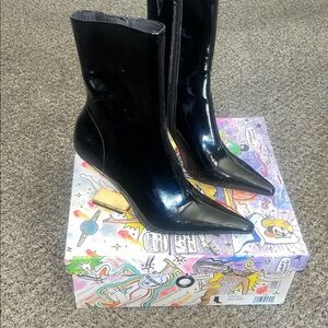 Jeffrey Campbell Black Patent Pointed Toe Mid-Calf Booties